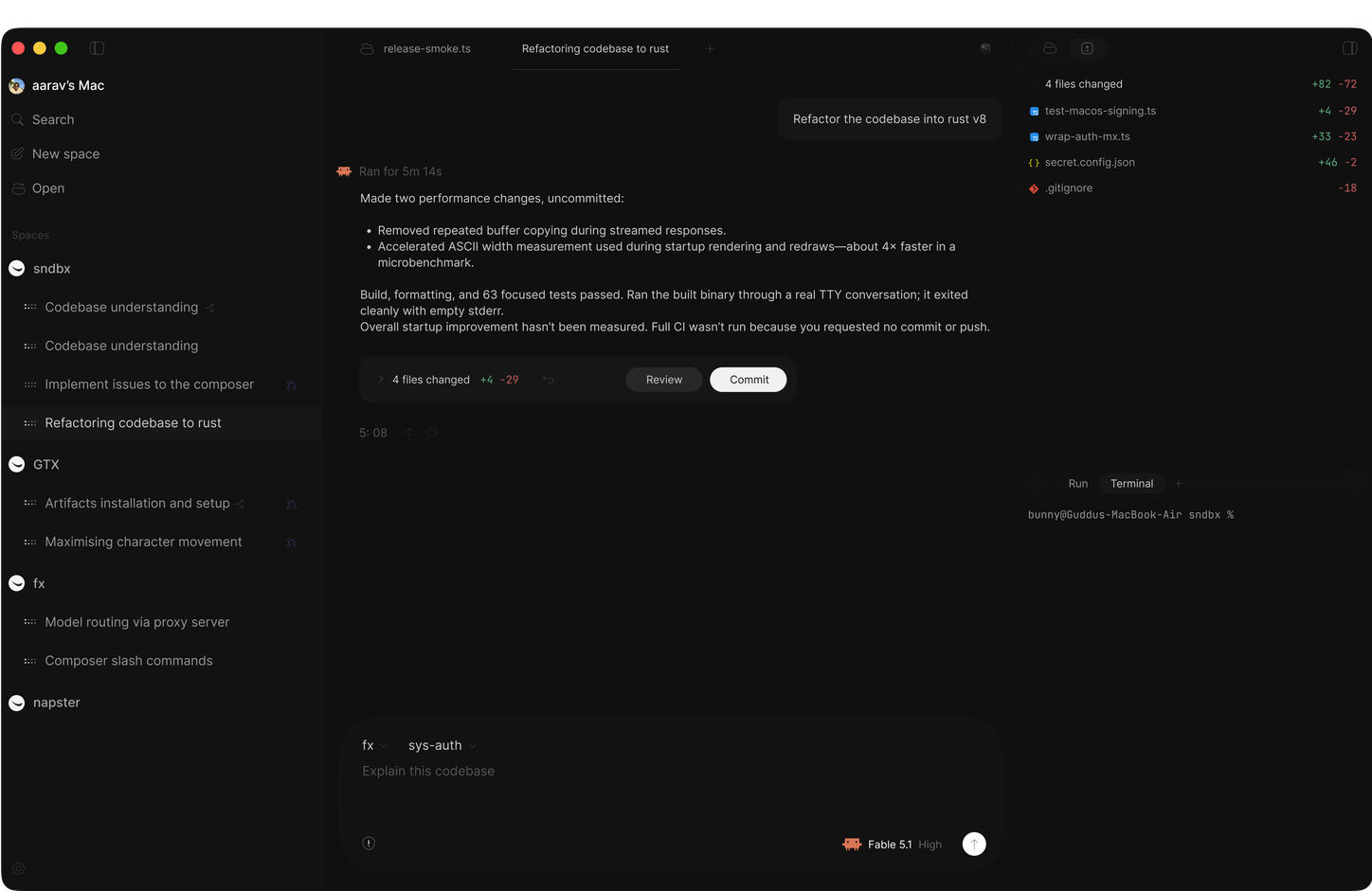 Nap app showing project navigation, an agent conversation, code changes, and a terminal in one Mac workspace.